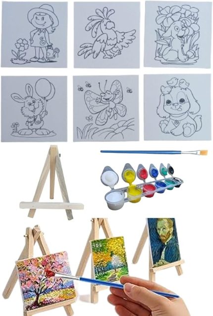 Doğal Seramik Hamuru Mini Şövale Çizimli Resim Başlangıç Seti, Akrilik Boya, Fırça, Şövale Çocuk Hediye Ressam Seti
