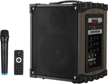 Ahşap Kumandalı Profesyonel Şarjlı Telsiz 1 Mikrofonlu Amfili Hoparlör Sistemi 16,5 Cm