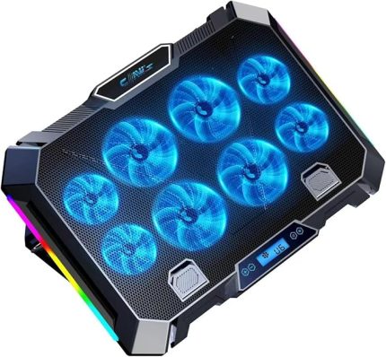 Vortex 8x Turbo LED Fan - 10 Modlu RGB - LCD Ekran - Ayarlabilir Fan Hızı - 7 Kademeli Stant - 2x USB - Metal Mesh Zemin Notebook Soğutucu