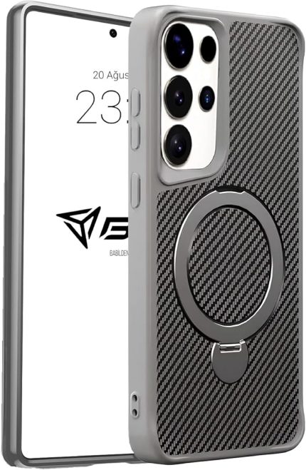 Samsung Karbon Fiber Materyal Stand Özellikli Lens Çerçeveli ve Sararmayan Güçlü Darbe Emici Premium Kılıf (Gümüş Rengi, Galaxy S25 Ultra)