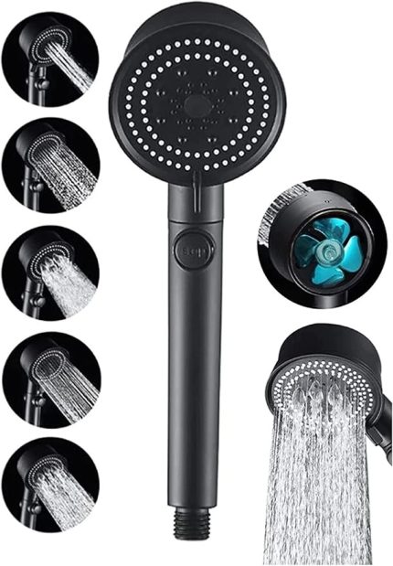 Turbo Black Power Siyah Pervaneli 5 Fonksiyonlu Yüksek Basınçlı Mat Siyah Duş Başlığı El Duşu - Garantili