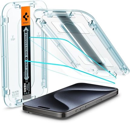 iPhone 15 Pro ile Uyumlu Kolay Kurulum Cam Ekran Koruyucu GLAS.tR EZ Fit HD (2 Adet) Şeffaf - AGL06892 (Spigen TR Garantili) | Temperli cam, Yapıştırma şablonu, kristal berraklığında, kılıf dostu, 9H sertlik derecesi