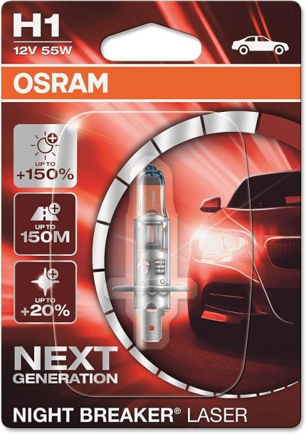 Ampul Night Breaker Laser H1 12V 55W%150'ye kadar Fazla Işık 150M'ye kadar Fazla Görüş Açısı,%20'ye kadar Beyaz Işık 64150NL-01B