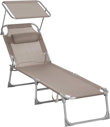 Katlanır Şezlong 193 x 53 x 29 cm, 150 kg Taşıma Kapasitesi, Bahçe, Havuz, Teras için Güneşlikli ve Yatar Sırtlıklı, Taupe GCB192K01
