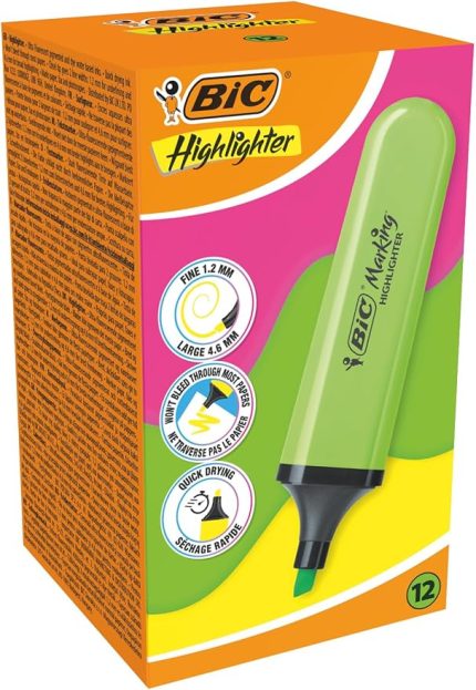 Marking Flat Higlighter Fosforlu Kalem 12'li Kutu, Yeşil Fosforlu Kalem, Su Bazlı, Hızlı Kuruyan Mürekkep