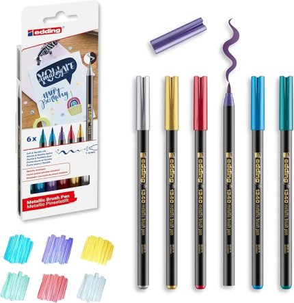 1340 metalik fırça uçlu keçeli kalem, 6 parlak renkli set, esnek fırça ucu