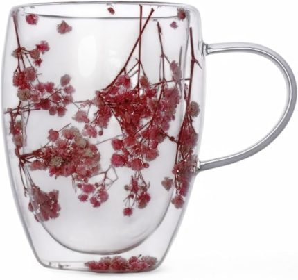 350ml Çift Cidarlı Çiçekli Kupa – Isıya Dayanıklı Çift Katmanlı Cam Çay & Kahve Kupası | Şık ve Ergonomik Tasarım