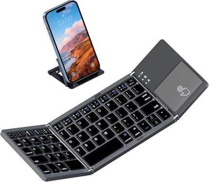 Katlanabilir Bluetooth Klavye, Rock & Rown Cep Boyutunda Taşınabilir Kablosuz Klavye Touchpad ile Mac OS, Android, Windows, Linux, PC, Tablet için, Şarj Edilebilir Li-ion Pilli, Koyu Gri