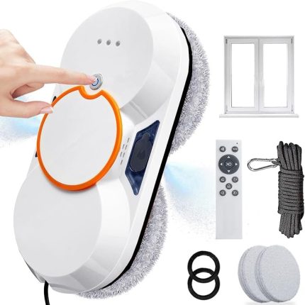 Çift Su Püskürtmeli Pencere Temizleme Robotu,5600Pa Emiş Gücü Uzaktan Kumandalı Robot,Pencere Temizleyici-Su şişesi/8 paspas/2 paspas halkası/emniyet halatı-İç/Dış Camlar,White