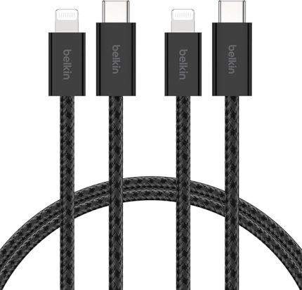 2'li Örgülü USB-C - Lightning Kablo, 1,5 m, iPhone 14 ve önceki modeller, 9. Nesil iPad ve AirPods için hızlı şarj kablosu, Siyah