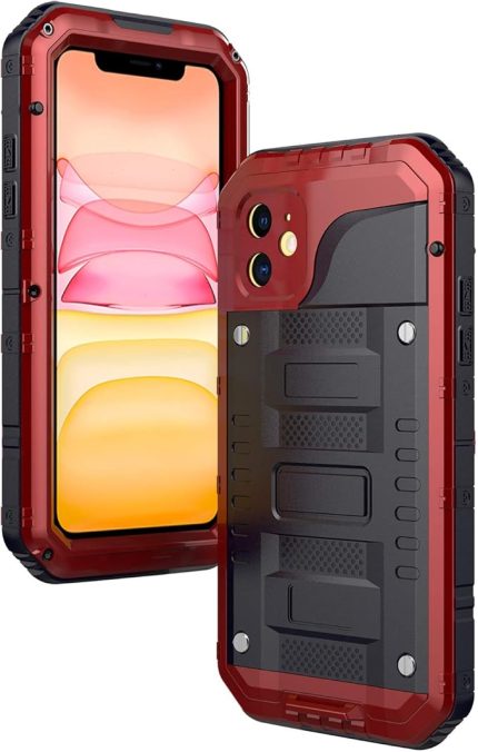 iPhone 11 için Su Geçirmez Kılıf, Ağır Hizmet Askeri Sınıf Düşmeye Karşı Koruma Telefon Kılıfı, Dahili Ekran Koruyucu, 360° Tam Gövde Koruma Metal Zırh Düşmeye Dayanıklı Kılıf. (Kırmızı)
