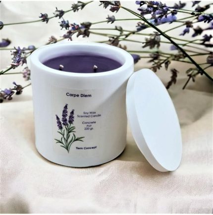 Lavanta Kokulu Beyaz Renkli Beton Saksılı Ve Kapaklı Soya Mum