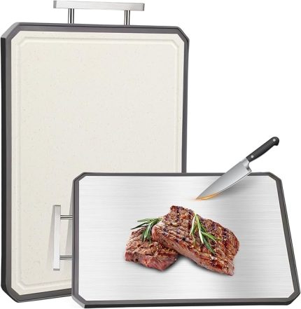 Büyük paslanmaz çelik kesme tahtası, 38 x 28 cm çift taraflı mutfak kesme tahtası, meyve suyu yarıklı, 304 paslanmaz çelik/buğday samanı polipropilen kesme tahtası, kaymaz silikon pedli