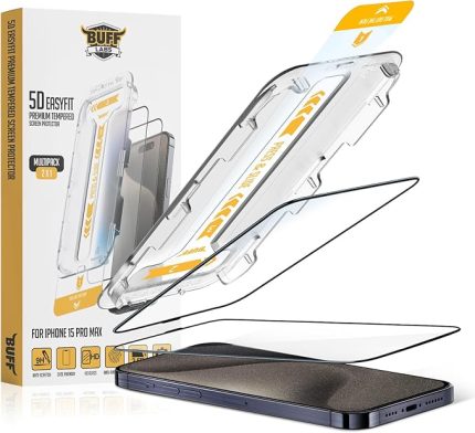 LABS iPhone 15 Serisi ile Uyumlu 5D EasyFit 2 Adet Kolay Uygulama Aparatlı Ekran Koruyucu Temperli Cam (iPhone 15 Pro Max)