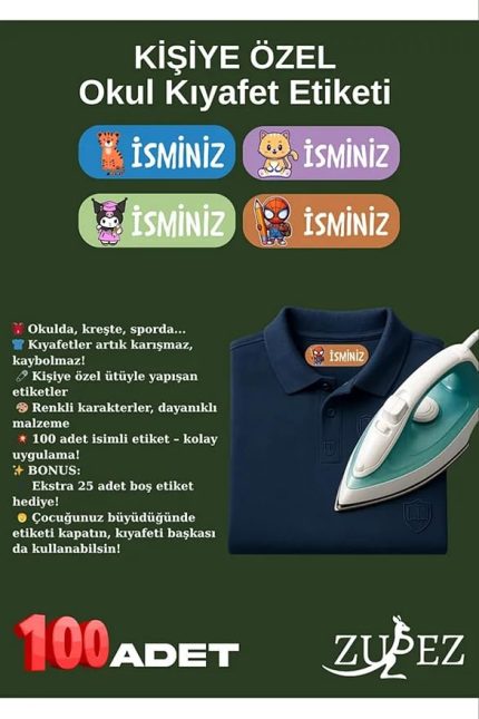 Kıyafet Etiketi, Okul, Kreş Kişiye Özel, 100 Adet, Ütü ile Yapışan, Anaokulu, Kaşesi, Kumaş