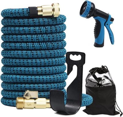 Genişletilebil Bahçe Hortumu 50ft Su Hortumu TPE ve 10 Fonksiyonlu er Nozullu 250D Polyester 3/4 inç inç Kaplama Bağlantı Parçaları Geri Çekilebilir Koyu mavi 50 fit