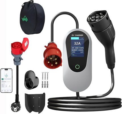 22KW 32A Taşınabilir EV Şarj Cihazı 5PIN CEE Fişli APP Kontrolü 3 Fazlı 5M Elektrikli Araba Şarj Cihazı Tip-2 Ev Hızlı stasyonları 16A Kablosu, Duvar Braketi, Çanta (Gümüş)