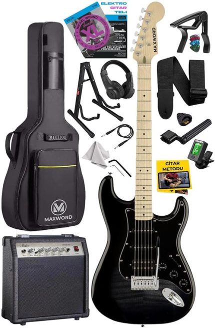 MAP-45BK-30AMP 30W BT Amfili Siyah Elektro Gitar Seti HSS Manyetik Maple Klavye Strat Kasa
