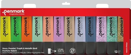 Fosforlu Kalem 12'li Asetat Karışık Renk 3 Neon ve 3 Pastel ve 3 Tropik ve 3 Simli