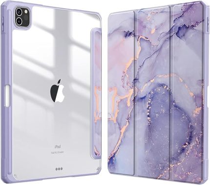 iPad Pro 11 İnç (2022/2021/2020/2018, 4./3./2. Nesil) ile Uyumlu Hibrit Kılıf - Kalem Tutuculu Ultra İnce, Darbeye Dayanıklı Şeffaf Kapak, Otomatik Uyandırma/Uyuma, Lila Mermer