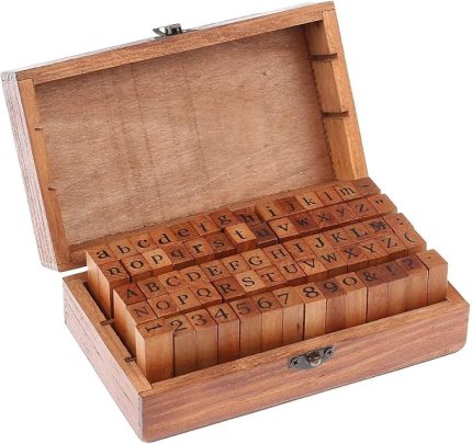 damga seti, 70 adet damga seti, alfabe harfleri, pullar, sayılar damgası, vintage ahşap alfabe, harfler, posta pulları, saklama kutusu, harf sayısı sembolü, sanat, el işi için