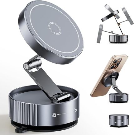 MagSafe için Yükseltilmiş Vakumlu Manyetik Telefon Tutacağı, Çift Katlanır Vantuzlu Telefon Montajı, Tüm Akıllı Telefonlar ve Tüm Araba Modelleri için 360° Dönebilen Telefon Tutacağı - Gri