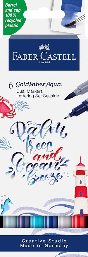 Goldfaber Aqua Çift Uç Markör Kaligrafi 6’lı Seaside, Fırça ve Fineliner, Solmaya Dayanıklı Mürekkep, Çevre Dostu