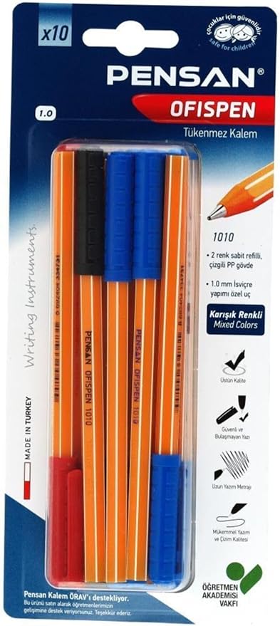 1010 Ofispen Tükenmez Kalem 1 Mm Mavi-Siyah-Kırmızı (10 Lu Set) Pe01010Tkkrmt10 Tek Ebat Karışık