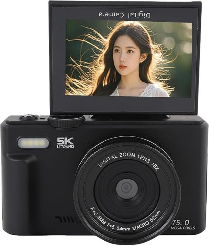 Için 5K Dijital Kamera, 3 180 ° Flip Ekran, 18x Dijital Zoom Otomatik odaklı WiFi 75MP Vlog Kamera, Mikrofonda Yerleşik, Yeni Başlayanlar Için 8 Mod (BLACK)