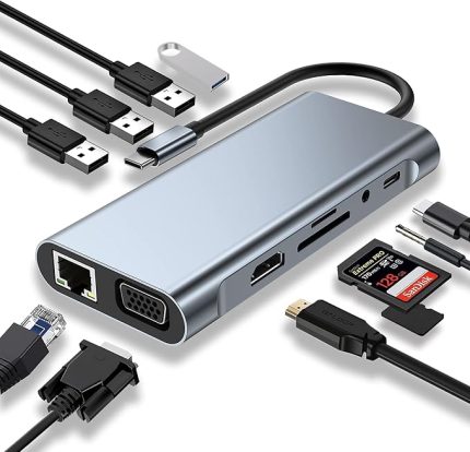 USB C HUB, Yerleştirme İstasyonu, 11'i 1 arada USB C Adaptörü, 4K HDMI, VGA, USB 3.0 Bağlantı Noktaları, C Tipi PD, Gigablit Ethernet RJ45, SD/TF Kartları, 3,5 mm AUX, MacBook Pro/Air ile Uyumlu, Daha Fazla C Tipi Cihazlar