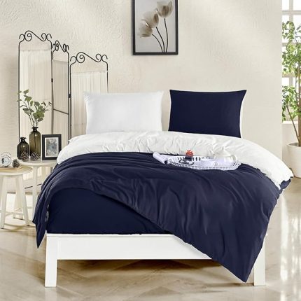 Tek Kişilik Battal Boy,Çift Kişilik Nevresim Takımı (Lastikli Çarşaf+Yastık Kılıfı+Yorgan Kılıfı) Çift Yönlü Pamuk-Polyester 90x190 100x200 120x200 160x200 180x200 200x200 (Lacivert-Beyaz, 160x200)