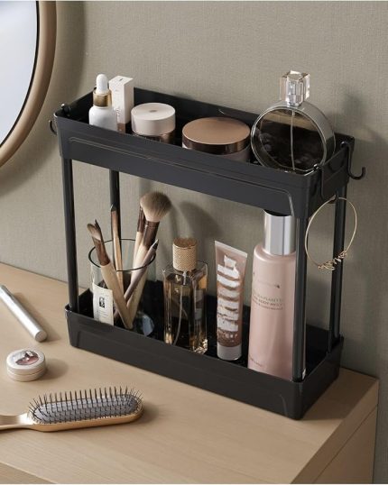 HOME Rafata Makyaj,Takı Ve Bakım Ürünleri Organizeri Rafı Standı Iki Katlı Askılı Kozmetik Düzenleyici, Siyah