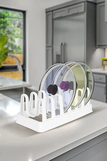 Adet 6 Bölmeli Tencere Kapağı Organizeri - Dolap İçi Düzenleyici Kapak Düzenleyicisi Beyaz
