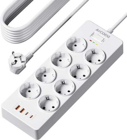 Çoklu priz, 8'li priz, USB C (4000 W ve 1050J), aşırı gerilim koruması, duvar montajı, 3M uzatma kablolu priz, dizüstü bilgisayar, televizyon, akıllı telefon için çocuk emniyeti (beyaz)