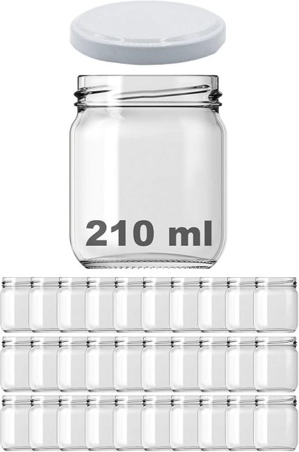 210 ml Metal Beyaz Kapaklı Şeffaf Cam Kavanoz 30 Adet