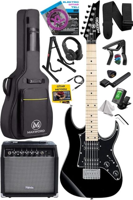 DE-150BK-35AMP Maple Klavye HH Yüksek Kaliteli 35W Amfili Elektro Gitar Seti