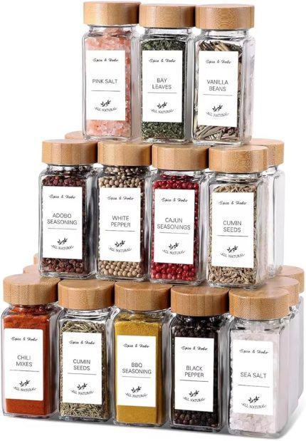 Home 12'li Bambu ve Akasya Kapaklı Cam Baharatlık Seti 120 ml - Doğal Ahşap Kapaklı, Şeffaf Cam, Sağlıklı ve Şık Baharat Kavanozları (Bambu Kapak)