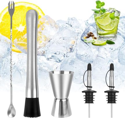 Kokteyl karıştırma kabı seti, 5'li set, kokteyl aksesuarı, paslanmaz çelik, uzun ömürlü bar aletleri, ölçü kabı, bar kaşığı, şişe boşaltıcı, paslanmaz çelik tokmak, kokteyl ölçüm kabı, barmen, mutfak,