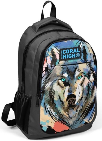 High Siyah Kurt Desenli İlkokul ve Ortaokul Sırt Çantası Üç Bölmeli Erkek Çocuk