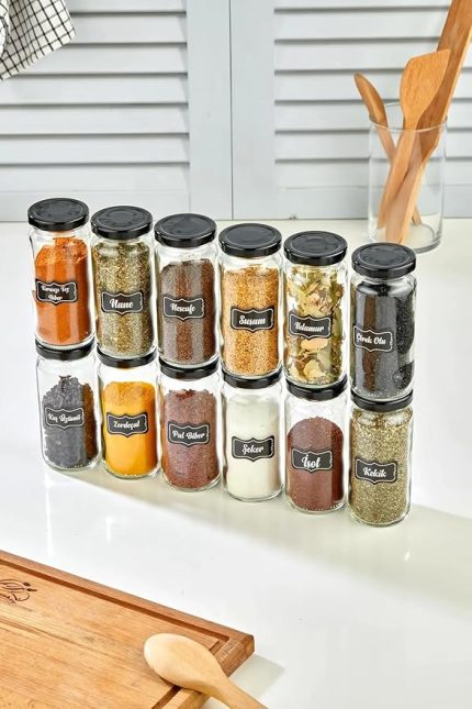 15 Adet Cam Baharat Kavanozu, Metal Kapaklı Baharat Seti - Baharat Etiketi Hediyeli