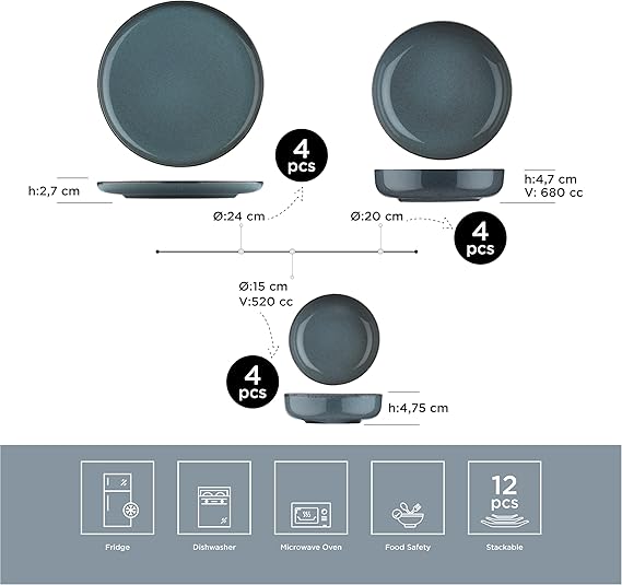 Porselen Moderna 12 Parça 4 Kişilik Yemek Takımı Mavi - Görsel 3