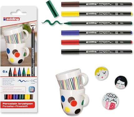 4200 fırça uçlu porselen kalemi - siyah, kırmızı, mavi, yeşil, sarı, kahverengi - 6 kalem - fırça ucu 1-4 mm