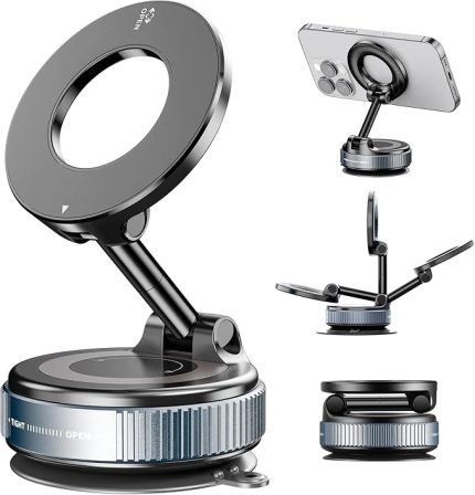 Araba için 360° Ayarlanabilir Vakumlu Manyetik Telefon Tutucu, Katlanabilir, Mag-Safe Uyumlu, iPhone 12-16, Samsung, Pixel, OnePlus, Motorola, Nokia, LG, Sony, HTC vb.