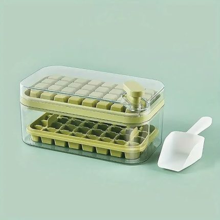 2 Katlı Buz Kalıbı Saklama Kabı Seti, Kürekli, 64 Bölmeli (Yeşil)