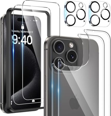[Yükseltme [6 in 1] iPhone 15 Pro Max Ekran Koruyucu (6,7 inç), iPhone 15 Pro Max Arka Ekran Koruyucu ve Kamera Lens Koruyucu ile Ön Ekran Koruyucu [2+2+2 Paket], Temperli Cam