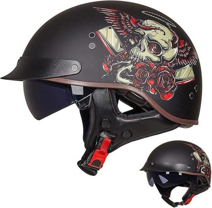 Yarım Kask, Açık Yüz Kask Retro Jet Kask Erkek Ve Kadın Scooter Kaskları DOT ECE Onaylı Dahili Vizörlü Chopper Kask(H,XL=(61~62cm))