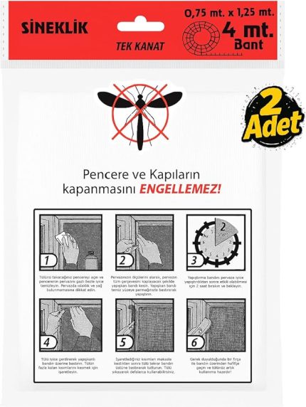 Kanat Pratik Sineklik, 0.75 m x 1.25 m Tül, Kapı & Pencere Uyumlu, 4 m Yapıştırma Bantlı (2 Adet)