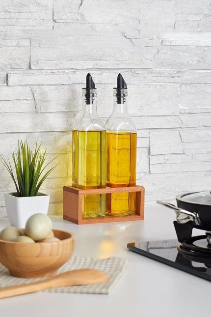 2 Li Yağdanlık Seti 500 Ml, Ahşap Stantlı Yağlık Sirkelik