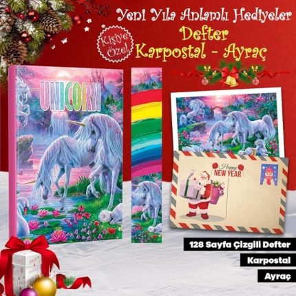 Özel Kartpostallı Hediye Seti - 1 Unicorn 128 Sayfa Defter 1 Kartpostal 1 Ayraç