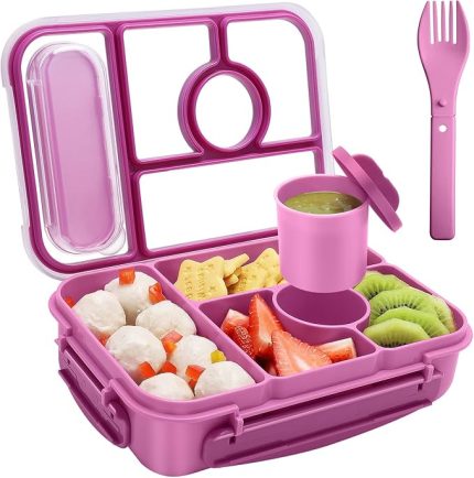 Lunch Box for Kids,Bento Box çocuk beslenme kutusu,Yetişkin Öğle Yemeği Kutusu,1300ML-5 Bölmeli Sosluklu ve Çatal Bıçaklı Öğle yemeği kapları,Mikrodalga Bulaşık Makinesi (Mor)